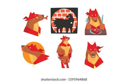 Dog Superhero Character Wearing Red Cloak and Guarding People Vector Set