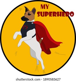 Dog superhero character in yellow circle. Flying Fox Terrier in cloak. Vector flat cartoon illustration