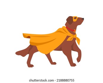 Dog superhero character in yellow cloak and mask vector illustration. Cute brown funny puppy super hero isolated on white background