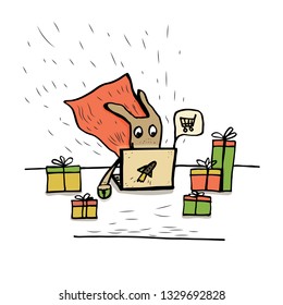 The dog is a superhero at the computer. Order in the online store. Hand drawing for your design. For your advertising, websites, banners, postcards.