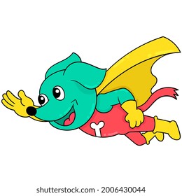 dog superhero is flying in the sky smiling happy face, vector illustration art. doodle icon image kawaii.