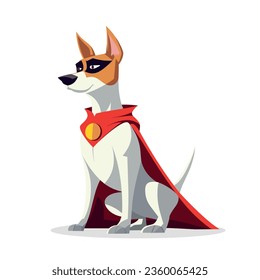 Dog superhero isolated on white background. Funny dog superhero character with red cape. Vector stock