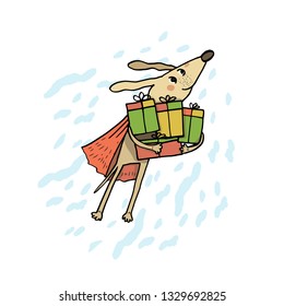 The dog is a superhero with shopping and gifts. Money, shopping. Hand drawing for your design. For your advertising, websites, banners, postcards