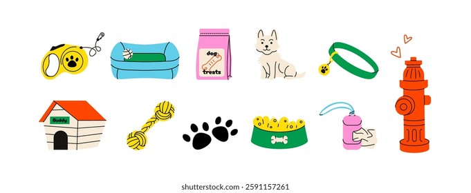 Dog supplies. Cartoon dogs equipment, cute flat puppy feeding grooming toys and veterinary care icons, pet shop elements for domestic animals. Vector isolated set.