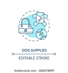 Dog supplies concept icon. Pet store offers. Favourite dog toys and food. Tasty bones types. Pet store idea thin line illustration. Vector isolated outline RGB color drawing. Editable stroke