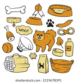 Dog supplies vector doodles. Line sketch with color.