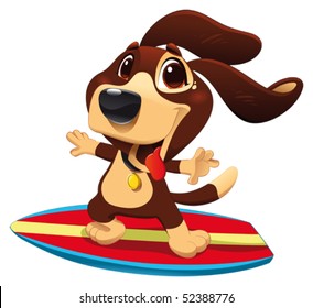 Dog with surf. Funny cartoon and vector sporty character