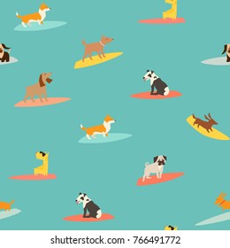 Dog surfers pattern, vector seamless background. Surfing vector backdrop. Dogs breeds on surfboard pattern. Isolated on blue