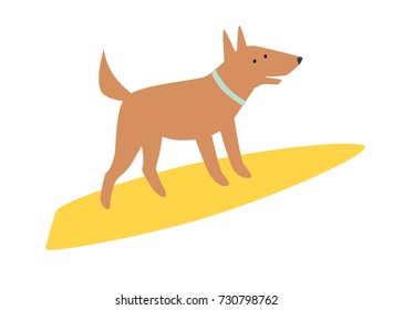 Dog surfers, vector cartoon illustrations. Card with funny dog. Dogs breeds on surfboard. Isolated on white
