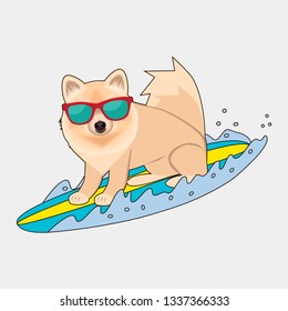 Dog surfing cute vector illustration on a blue background