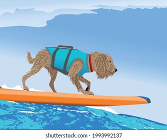 Dog surfing.  Vector illustration Pet on a surfboard, seaside and a blue sky on the background