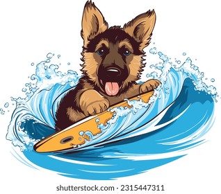 Dog surfing in the waves, Tshirt design