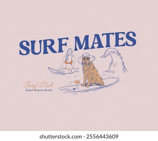 dog surfing with women vector illustration, retro vintage summer surfing artwork for t shirt, poster, graphic print, funny dog in hat and sunglass vector art