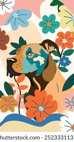 a dog surrounded by an assortment of colorful flowers and abstract forms, blending a playful expression with a unique artistic style.