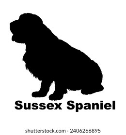 Dog Sussex Spaniel silhouette Breeds Bundle Dogs on the move. Dogs in different poses.
The dog jumps, the dog runs. The dog is sitting lying down playing
