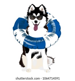 Dog. Swim ring. Inflatable rubber toy. Summertime. Vector illustration. 