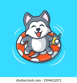 Dog Swimming on Beach Vector Icon Illustration. Dog And Swim Ring, Summer And Animal Icon Concept White Isolated. Flat Cartoon Style Suitable for Web Landing Page, Banner, Sticker, Background