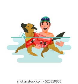 Dog Swimming With Owner. Pet Learn To Swim Concept - Vector Illustration