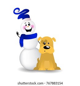 dog symbol 2017 new year with snowman. vector illustration
