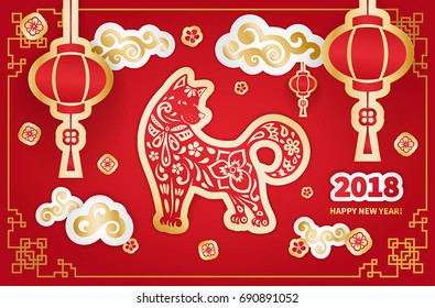 Dog is a symbol of the 2018 Chinese New Year. Paper cut art. Design for greeting cards, calendars, banners, posters, invitations.