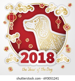 Dog is a symbol of the 2018 Chinese New Year. Paper cut art and Doodle style. Design for greeting cards, calendars, banners, posters, invitations.