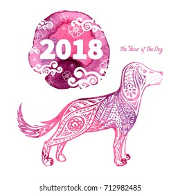 Dog is a symbol of the 2018 Chinese New Year. Watercolor background. Design for greeting cards, calendars, banners, posters, invitations.
