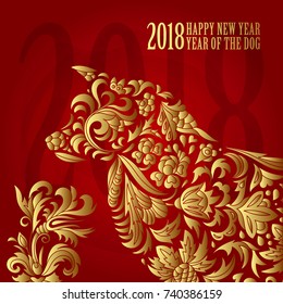 Dog, symbol of 2018 on the Chinese calendar. Happy new year 2018 card for your flyers and greetings card. Vector illustration. Doodle style. Gold on red.