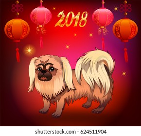 Dog the symbol of the Chinese New Year 2018. Vector illustration. Background with  lanterns.