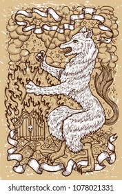Dog symbol with heraldic decorations, hell gate and vignette ribbons on old texture background. Fantasy engraved illustration. Zodiac animals of eastern calendar, mysterious concept