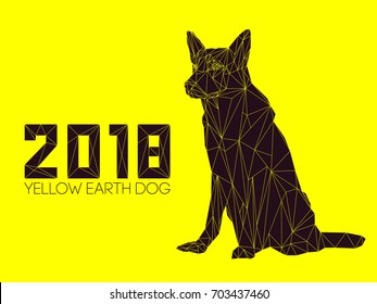 Dog is symbol of New 2018 year, according to Chinese calendar Year Of Yellow Earth Dog. Guard dog German shepherd in polygons style, sitting on hind legs. Pet and guard dog, loyal friend of man