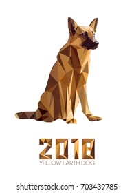 Dog is symbol of New 2018 year, according to Chinese calendar Year Of Yellow Earth Dog. Guard dog German shepherd in polygons style, sitting on hind legs. Pet and guard dog, loyal friend of man