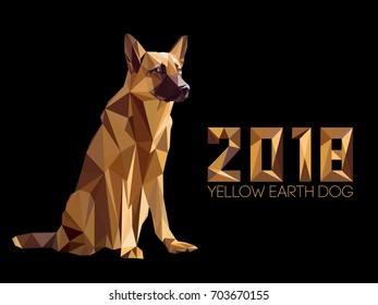 Dog is symbol of New 2018 year, according to Chinese calendar Year Of Yellow Earth Dog. Guard dog German shepherd in polygons style, sitting on hind legs. Pet and guard dog, loyal friend of man