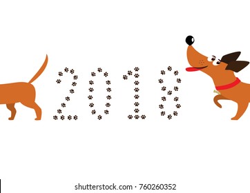 Dog, symbol of new year 2018. Cute cartoon dachshund dog following tail and number 2018 made of pawprints. Isolated dachshund logo, badger dog icon, element for new year of dog 2018 design. Vector.