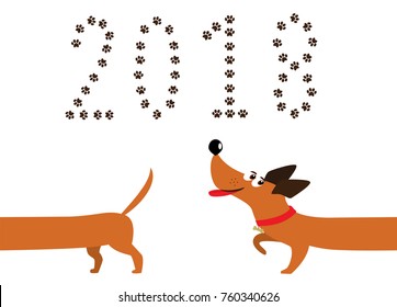 Dog, symbol of new year 2018. Cute cartoon dachshund dog following tail and number 2018 made of pawprints. Isolated dachshund logo, badger dog icon, element for new year of dog 2018 design. Vector.