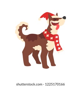 Dog symbol of New Year, cute animal of Chinese horoscope in Santa Claus har and scarf vector Illustration on a white background