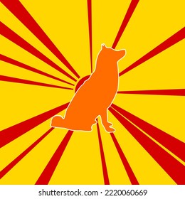 Dog symbol on a background of red flash explosion radial lines. The large orange symbol is located in the center of the sun, symbolizing the sunrise. Vector illustration on yellow background