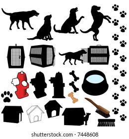 Dog symbol silhouettes, a set of assorted dog poses and pet related objects: fire hydrant; dish; dog house; carrier...