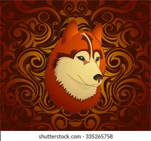 Dog as symbol for year 2018 by Chinese traditional horoscope with orient ornament on backdrop