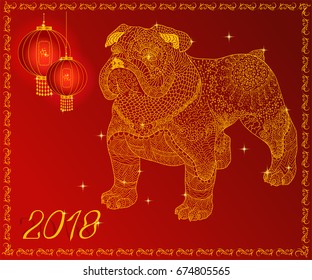 Dog is a symbol of year in 2018 by the zodiac calendar. Chinese background with doodle bulldog and red lanterns. Golden hieroglyph translates as "dog".