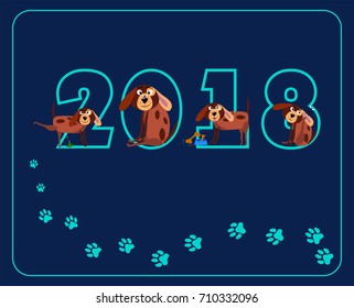 Dog symbol of year 2018. Design of a dog for calendars, postcards, flyers, brochures, invitations, banner 2018 year. Funny dogs cartoon character 2018 new year. Vector EPS10