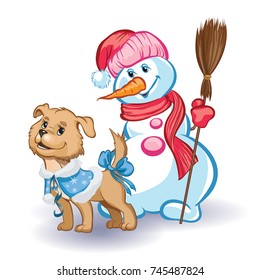 dog symbol of the year in blue dress and a snowman on a white background