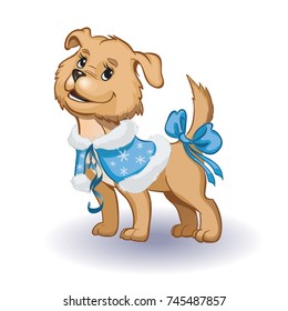 dog symbol of the year in blue dress on a white background