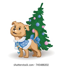 dog symbol of the year in blue dress and herringbone on a white background