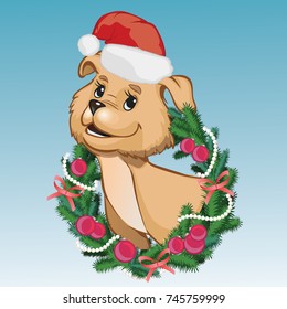 dog symbol of the year in the New Year's wreath and a red cap