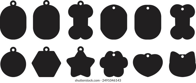 Juego de Plantilla para perros. Silueta de Vector para el escote. Aislado sobre fondo transparente, dogtags o icono de etiqueta de identificación o pictograma. Colgante grabado para Identificación, tipo de sangre.