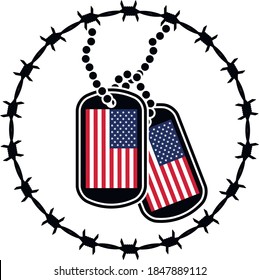 dog tags, barbed wire and usa flags