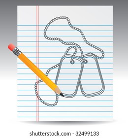 dog tags on notebook paper with pencil