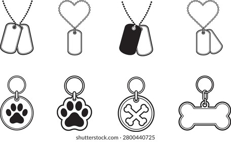 Dog Tags and Pet ID Tags Vector Set with Military Necklace Paw and Bone Symbols