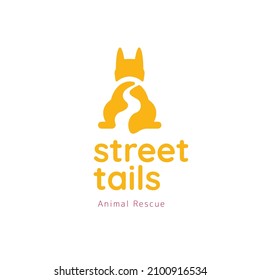 Dog tails logo with street on negative space. Dog logo for rescue animal business