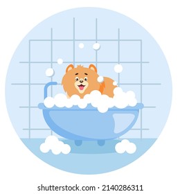 The dog takes a bubble bath. Grooming. Pet care. Happy pomeranian. Vector illustration in cartoon style